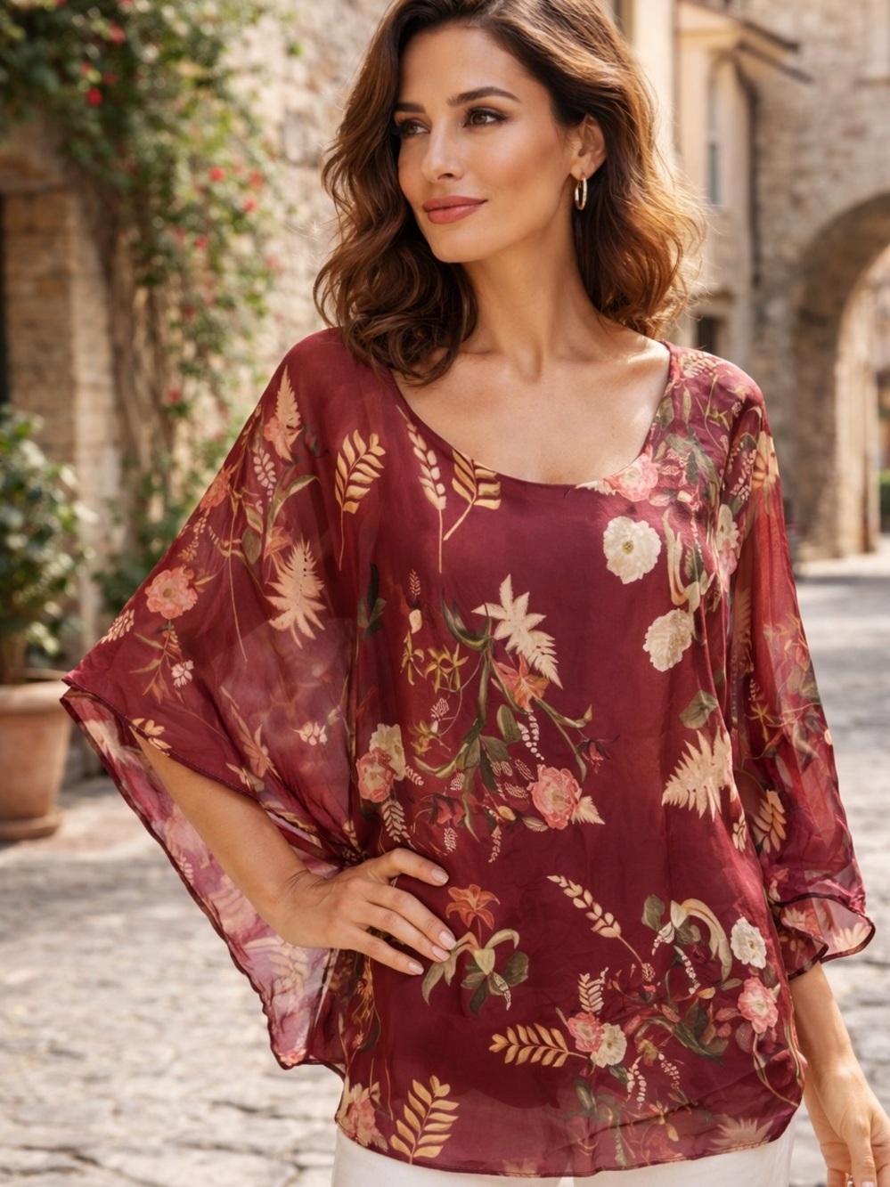 Belle France Bat Wing Popover Top Shirt Sz M Italian Silk Overlay Tank Floral